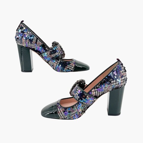 SJP Winnie Crystal Buckle Mary Jane Pumps Size 37 US 6-7 Tartan Sequin Heels - Picture 10 of 12